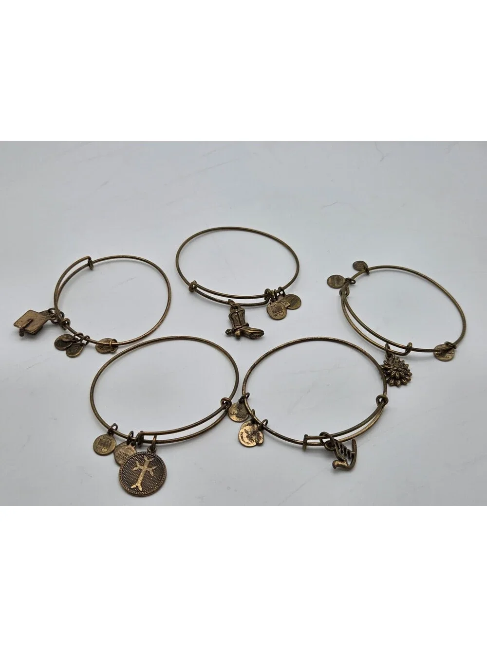Alex and Ani Expandable Bangle Bracelet Lot of 5 Bronze Tone Charms Cross...